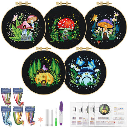 ERKOON 5 Sets Embroidery Kit for Beginners, Art Craft Handy Sewing Set Mushroom Cross Stitch Starter Kits, DIY Embroidery Kits with Patterns and Instructions Hoops Needles Threads