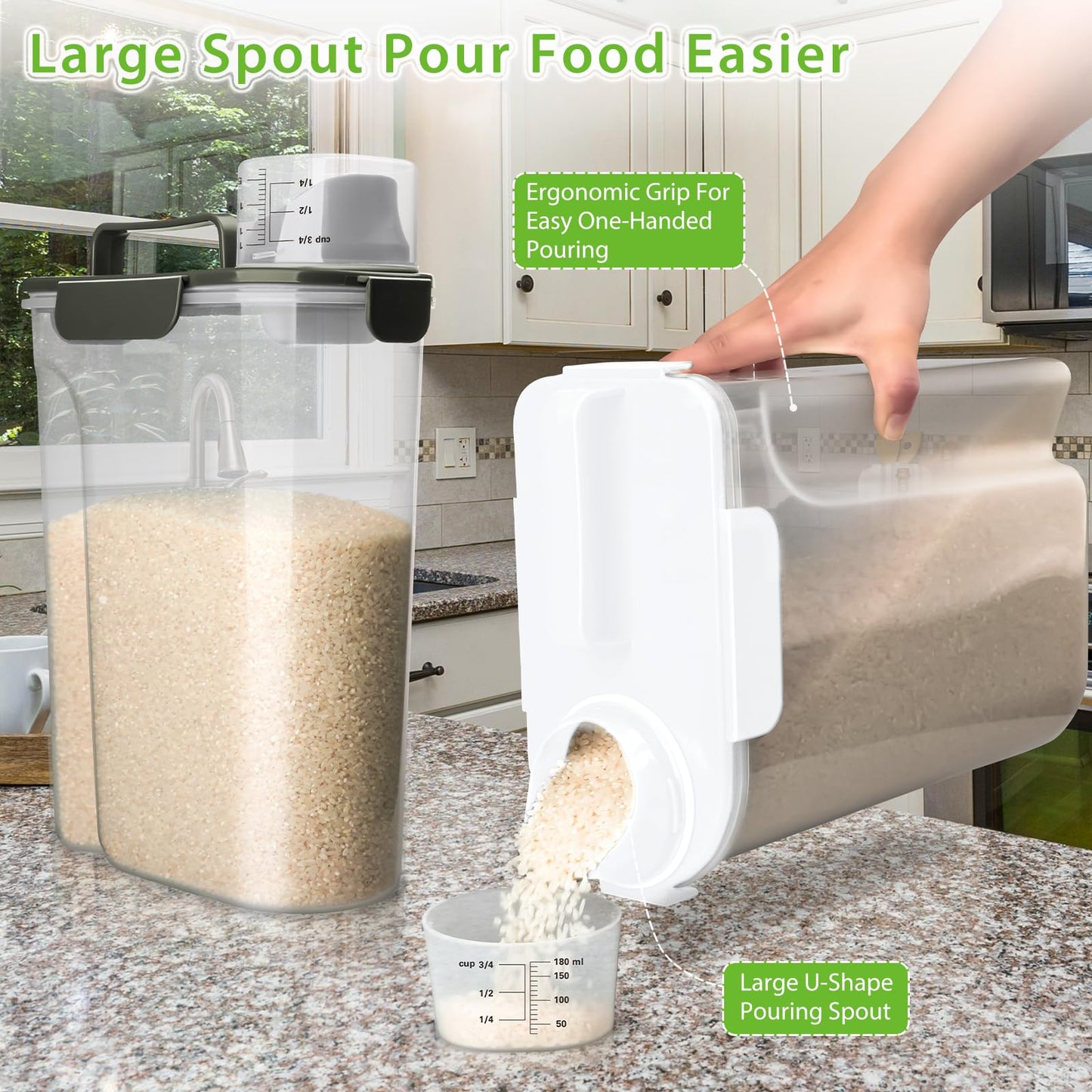 Viretec Rice Storage Container, 5 to 10lb Dry Food Airtight Dispenser, Pet Dog Cat Food Canister, BPA Free Clear Plastic Kitchen and Pantry Bin for Oatmeal, Cereal, Pasta, Flour Pack of 2 Grey