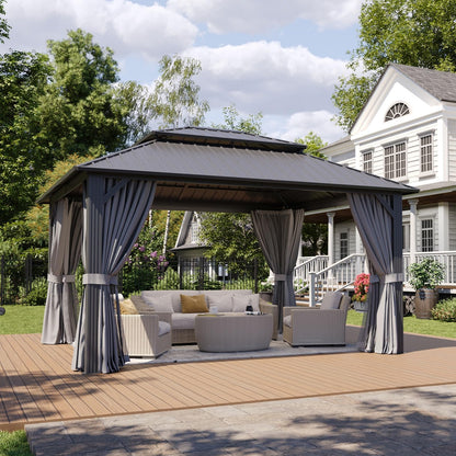 Aoxun 12Ft X 12Ft Hardtop Gazebo, Aluminum Metal Outdoor Gazebo with Breathable Netting and Curtains, Galvanized Steel Double Top, Permanent Patio Pavilion for Backyard, Wedding, Party