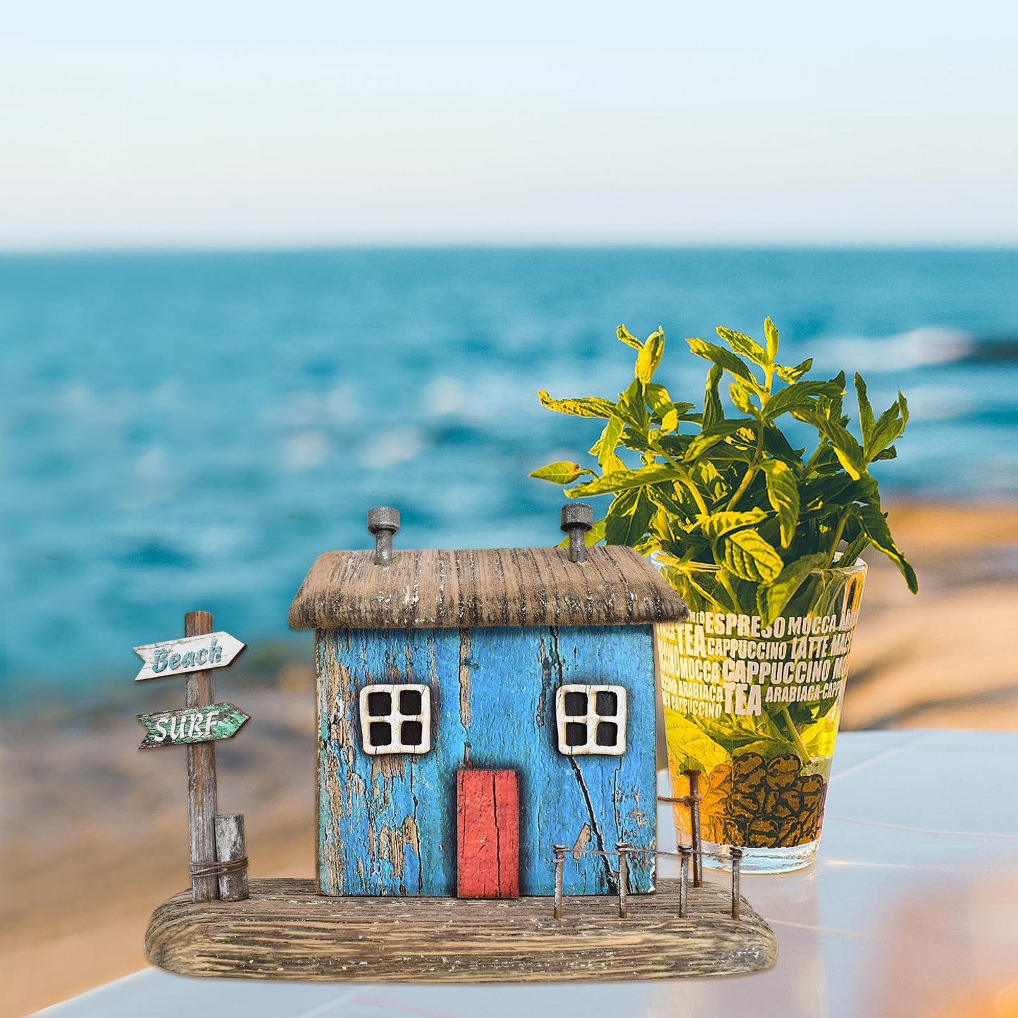 Veclotch Wood Miniature Nautical Table Sculptures Home Decor, Small Wooden House Figurine Garden Ornament Summer Mini House Statue with Beach Surf Sign