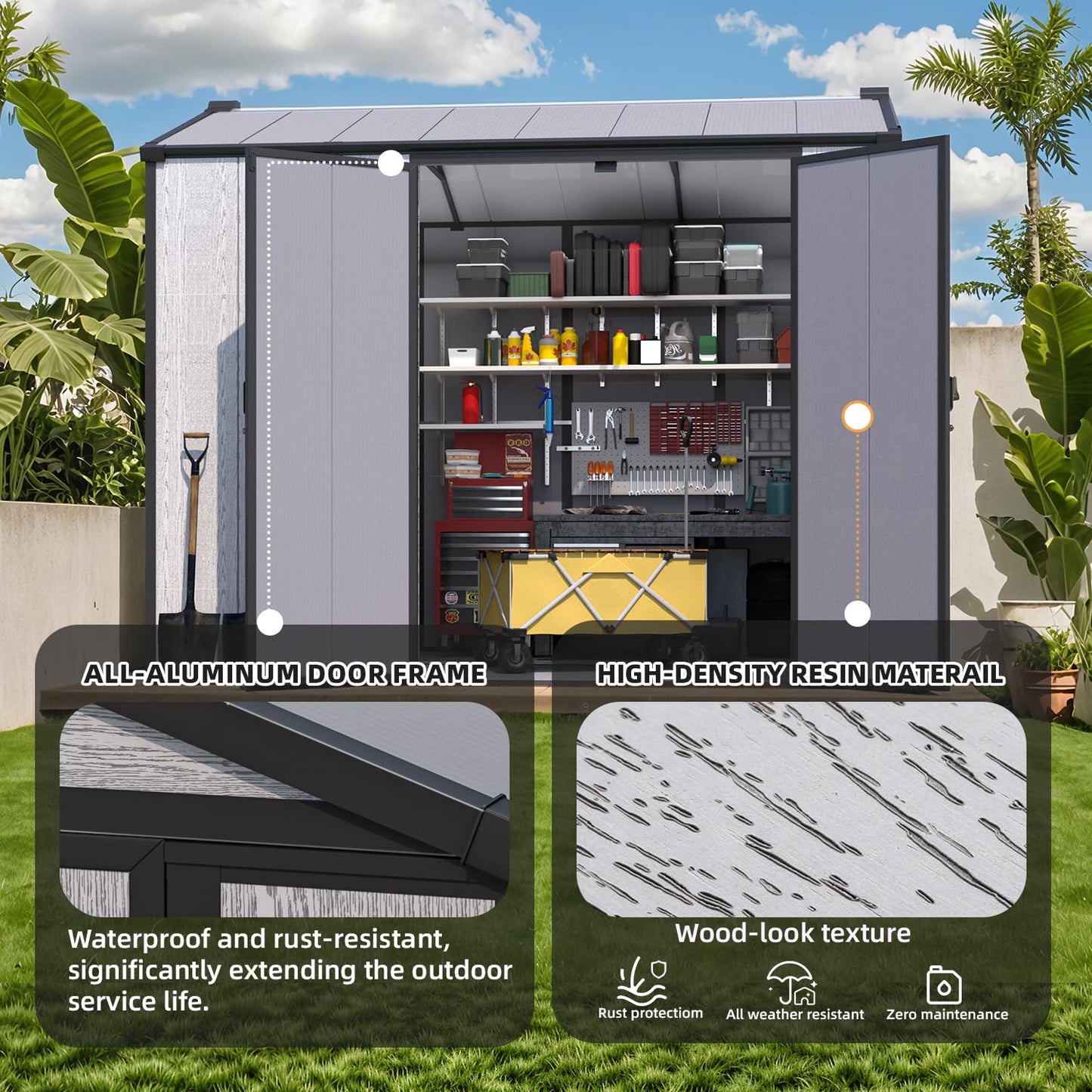 MELLCOM 6 x 8 FT Plastic Outdoor Storage Shed with Windows, Plastic Outdoor Storage Tool Shed with Floor and Lockable Door, Resin Garden Shed for Lawnmower, Bike, Pool Supply
