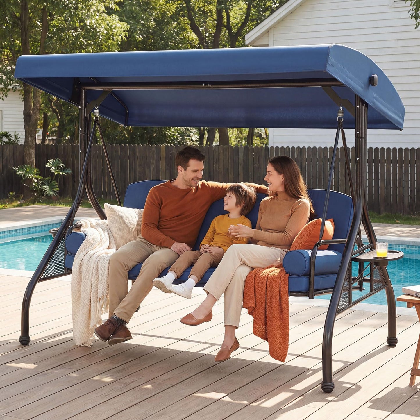 3 Seat Outdoor Porch Swing with Adjustable Canopy,2 in 1 Patio Swing Bed with Stand 800lbs for Adults,Outdoor Swing with Removable Cushion, Cup Holder ＆ Pillow for Backyard, Porch, Garden