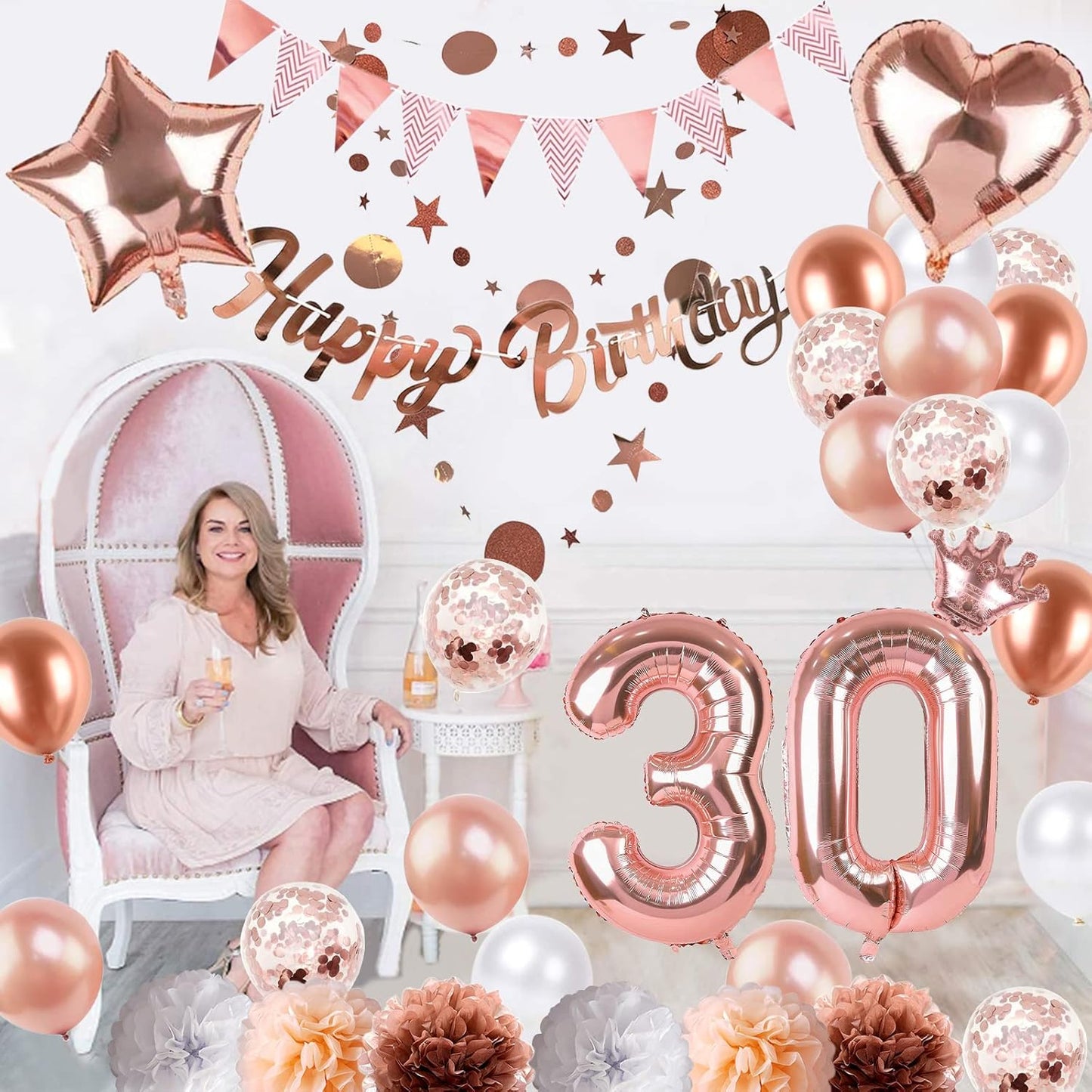 Regine Switzerland 30th Birthday Decorations - Rose Gold Foil Balloons & Banner | Perfect for 30-Year-Old Celebration