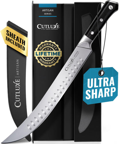 Cutluxe Butcher Knife – 10″ Cimeter Breaking Knife, Razor Sharp Forged High Carbon German Steel, Full Tang Meat Carving Knife, Ergonomic Handle Design, Grilling Gifts for Men – Artisan Series