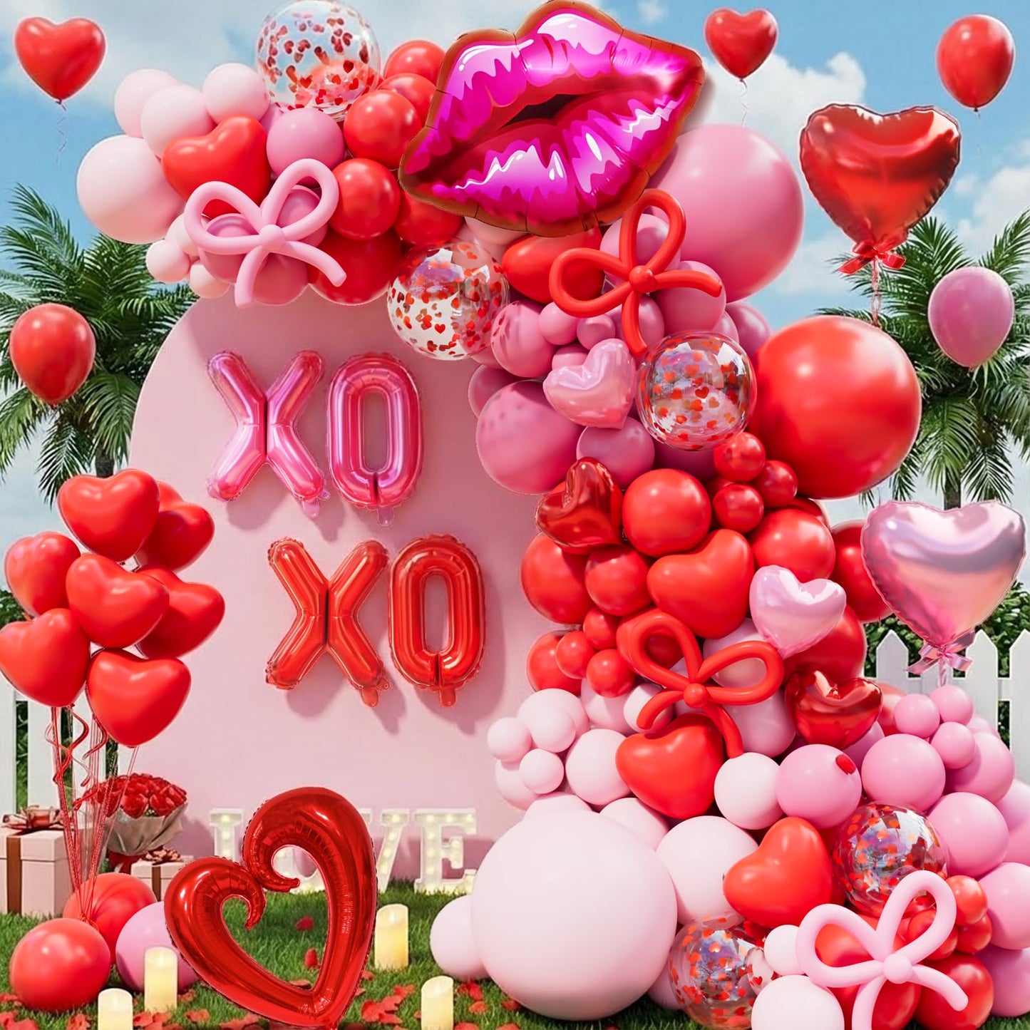 Pink and Red Balloon Garland Arch Kit, Coquette Birthday Decorations with 570pcs Red Pink Heart Confetti Balloons, Heart Lip XOXO Star Foil Balloons, Rose Petals for Wedding Romantic Decorations