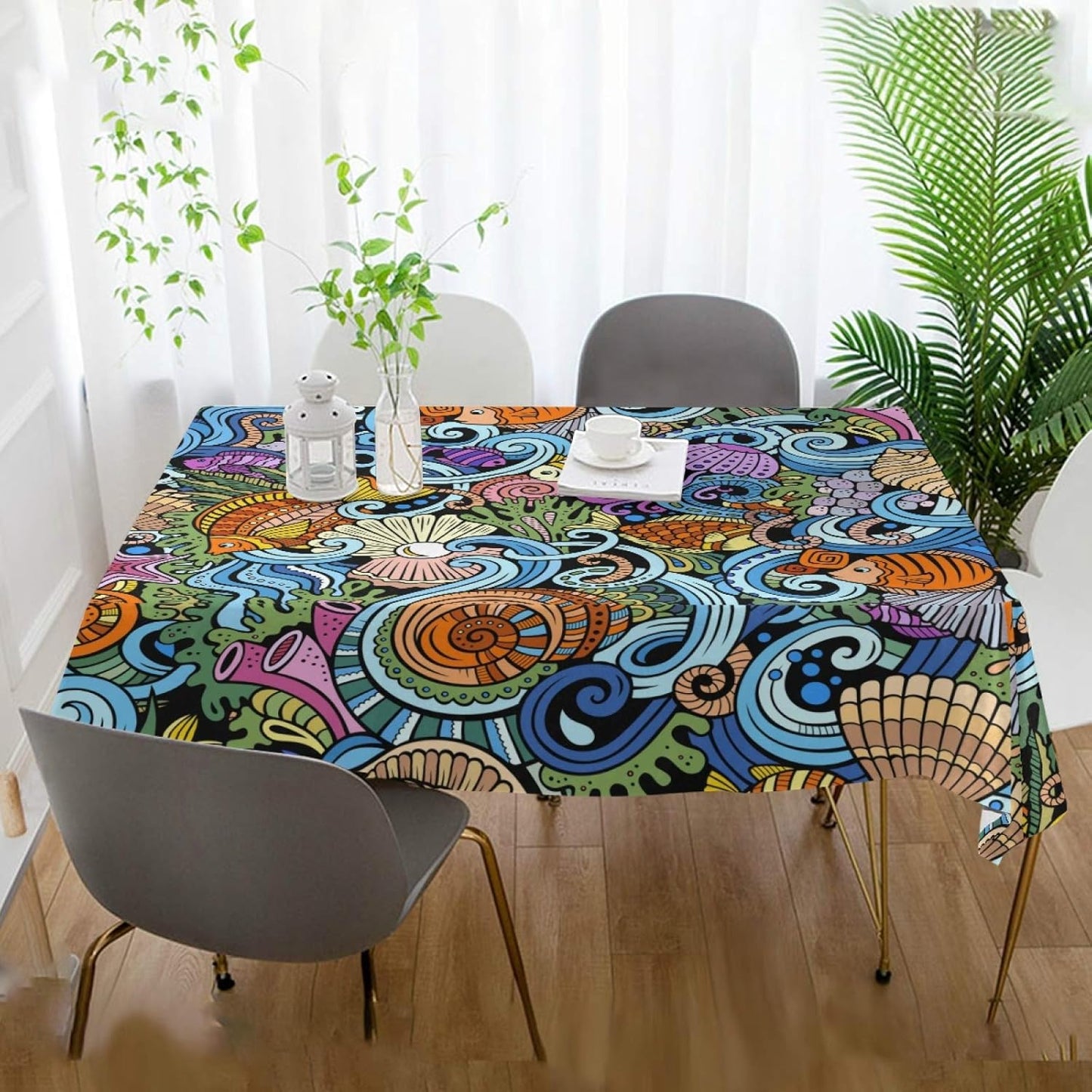 Starfish Shell Tablecloth, 54x54 Square Polyester Washable Wrinkle Free Dinner Tablecloth for Kitchen Dining Room