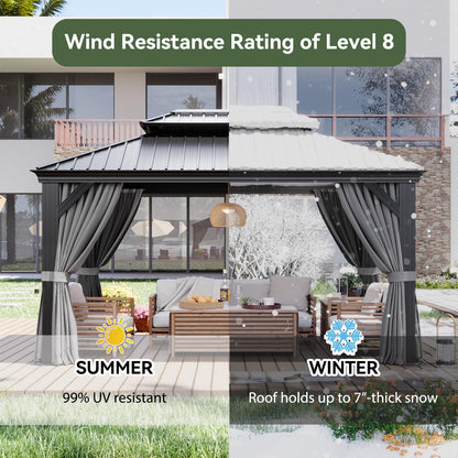 Aoxun 10' X 14' Hardtop Gazebo with Drainage System, Aluminum Outdoor Gazebo with Galvanized Steel Double Roof, Patio Permanent Metal Pavilion with Netting, for Garden, Deck, Pool, Grey