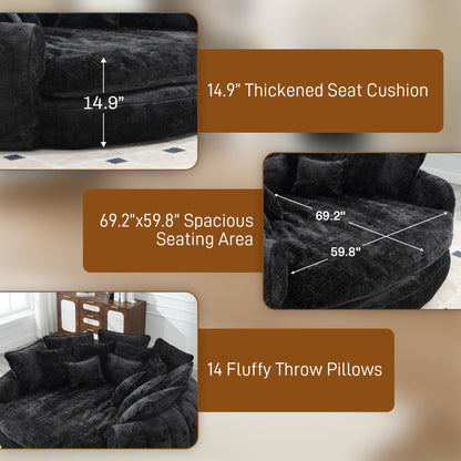 81" Round Sofa Bed Big Bean Bag Round Chaise Lounge Oversized Round Couch Boneless Reading Chair Plush Fluffy Chenille Large Chaise Chair for Living Room, Bedroom, Apartment, Black