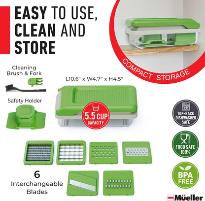 Mueller Vegetable Chopper - Mandoline Slicer & Cheese Grater with Container | White Sand/Green