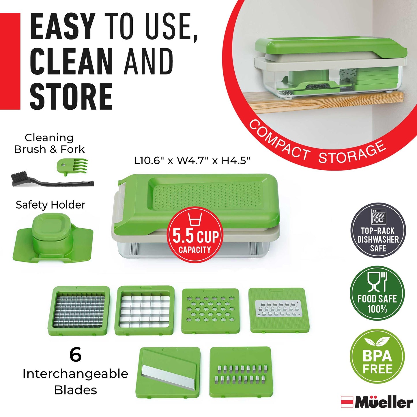 Mueller Vegetable Chopper, Mandoline Slicer, Food Veggie Chopper, Cheese Grater, Onion Vegetable Cutter with Container, Dicer, Kitchen Gadgets & Essentials, White Sand/Green