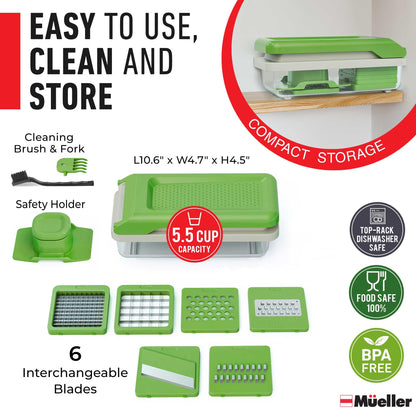 Mueller Vegetable Chopper, Mandoline Slicer, Food Veggie Chopper, Cheese Grater, Onion Vegetable Cutter with Container, Dicer, Kitchen Gadgets & Essentials, White Sand/Green