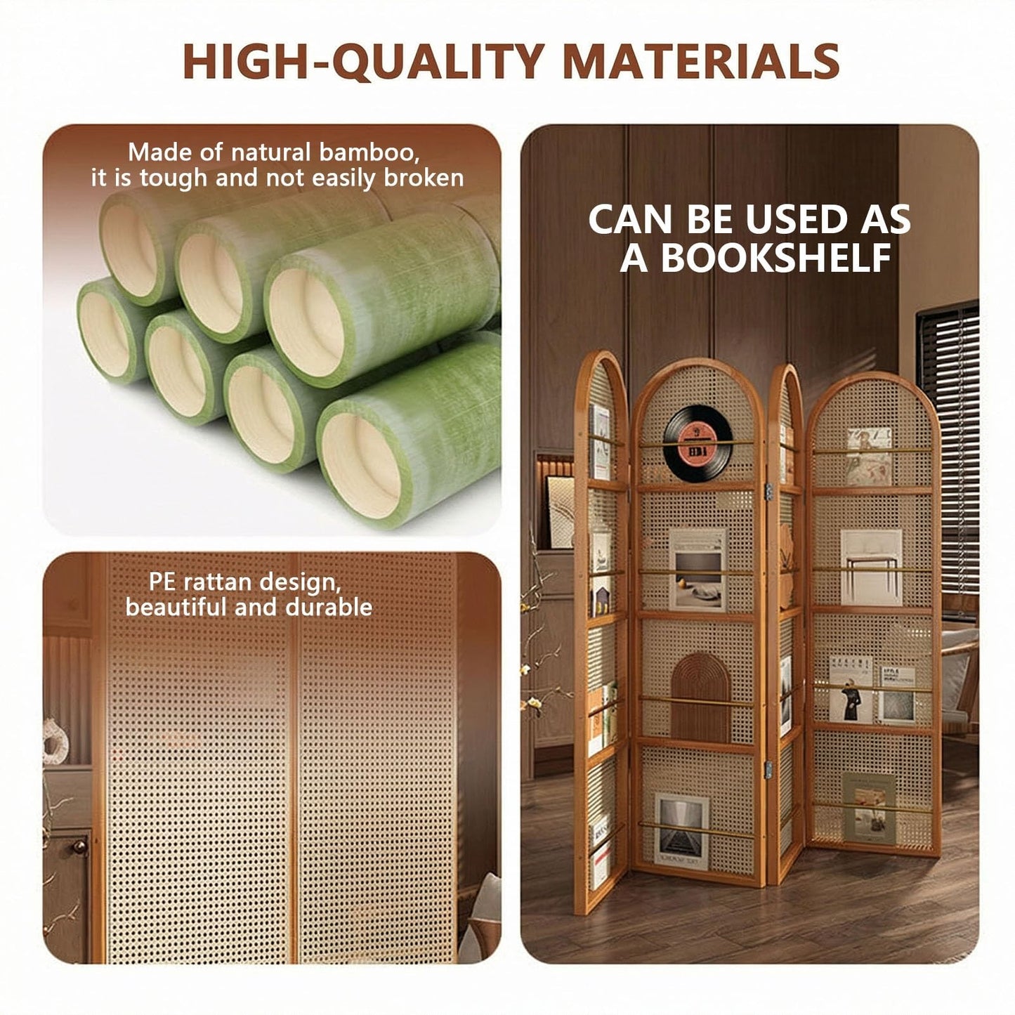 Rattan Room Divider Portable Partition with Built-in Bookshelf, 67" Foldable Privacy Screen for Room Separation, Home Office, Bedroom, 2 Panel Design