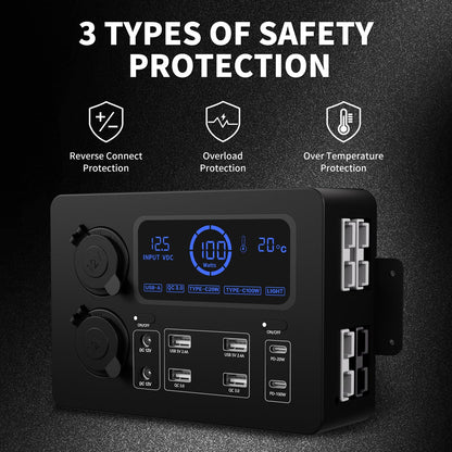 AMOMD 12-24 V Power Outlet Hub Distribution Box 13 Output Sockets Quick Plug+PD20W/100W+QC3.0 USB+CIG Power Sockets Plug-and-Play with LCD Display LED Light Suitable for All Deep-cycle Type
