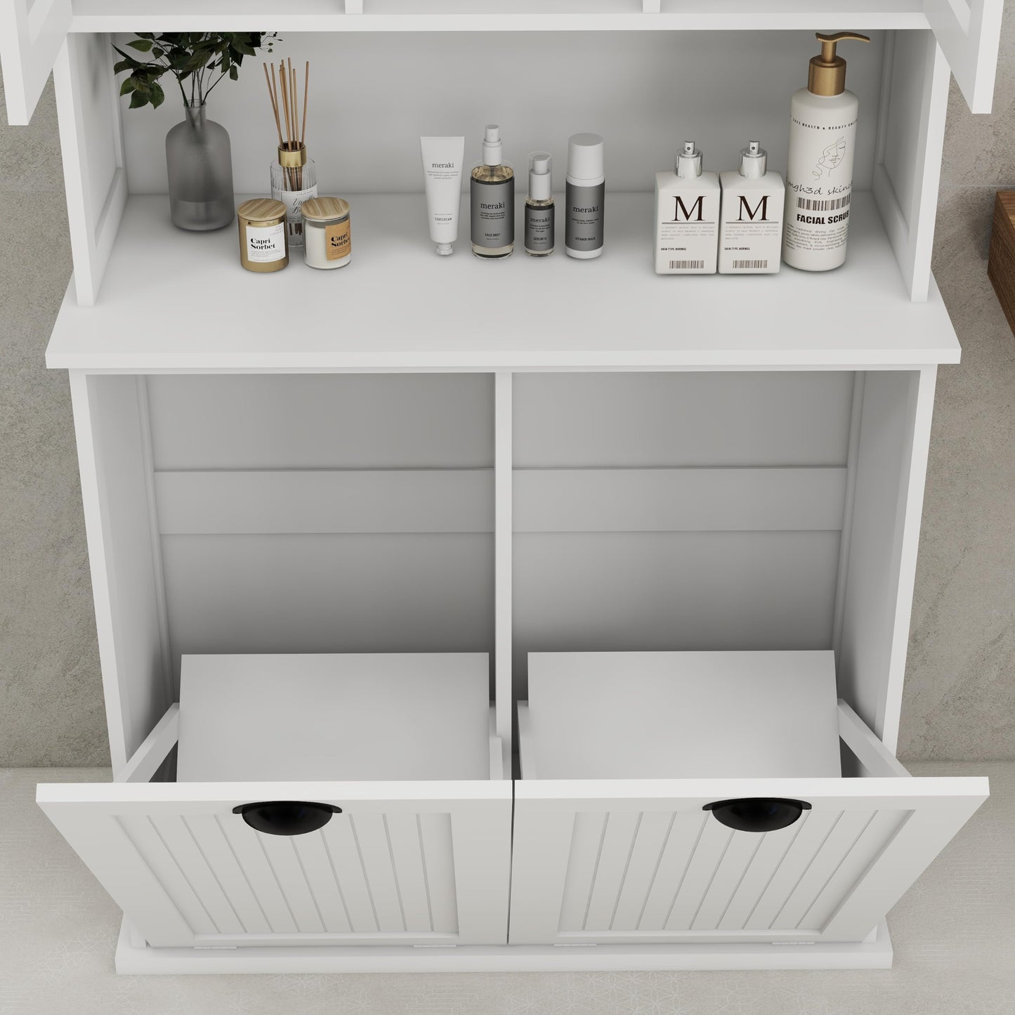 Knocbel Tilt-Out Laundry Sorter with 2 Removable Bags and Adjustable Shelves, Tall Bathroom Floor Cabinet Laundry Hamper (White 59")