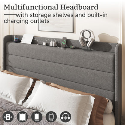 Lcwtvgxr King Size Linen Multifunctional Bed Frame, Wingback Headboard with Charging Station & Storage Shelf, Upholstered Platform Bed, Noise Free, No Box Spring Needed, Easy Assembly, Grey
