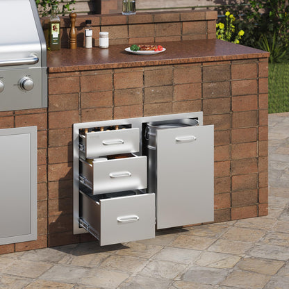 VEVOR Stainless Steel Cabinet, Outdoor Kitchen Door Drawer Combo 29.5" W x 22.6" H x 21.7" D, Access Door/Triple Drawers, Propane Drawer, Adjustable Garbage Ring, BBQ Island Patio Grill Station