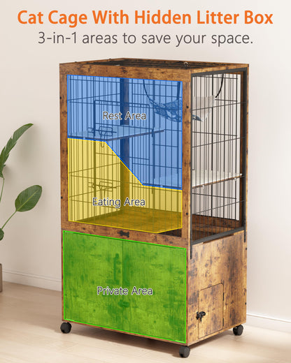 Megidok Furniture Cat Cages Indoor with Wooden Hidden Litter Box Enclosure Built-in Urine Cover Cat Kennel Cat Crates Cat Playpen - Rustic Brown