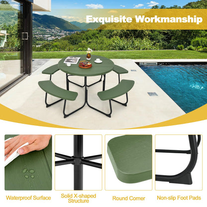 Tangkula 8 Person Picnic Table, Outdoor Round Picnic Table with 4 Built-in Benches, Umbrella Hole, Metal Frame & HDPE Tabletop, Outside Table and Bench Set for Backyard, 2300lbs Weight Capacity