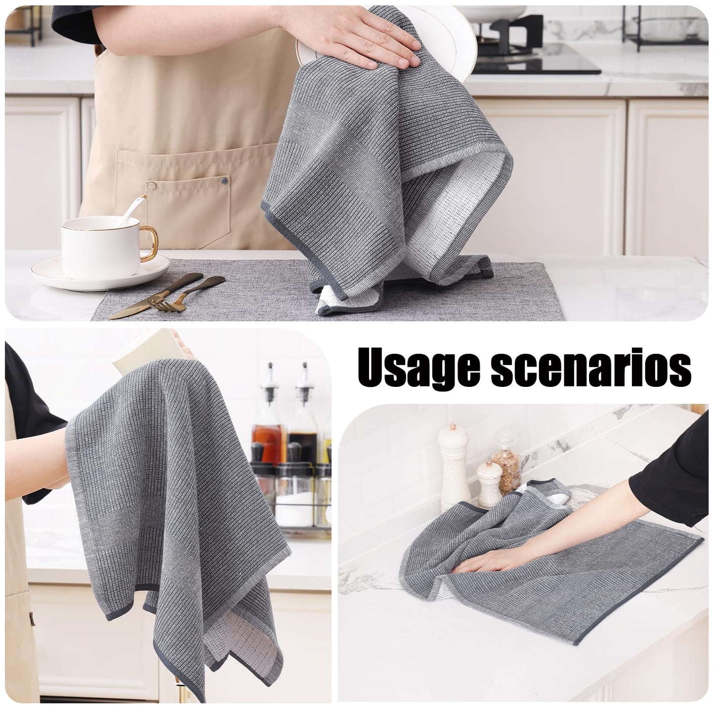 Homaxy Premium Kitchen Towels(18”x 28”, 6 Pack), Large Cotton Kitchen Hand Towels, Flat and Terry Dish Towels, 380 GSM Highly Absorbent Tea Towel Set with Hanging Loop, Grey