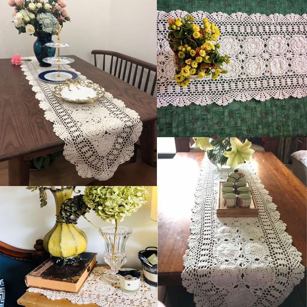 14x36 inch KEPSWET Cotton Handmade Crochet Lace Oval Table Runner Dresser Console Coffee Table TV Stand Decor White