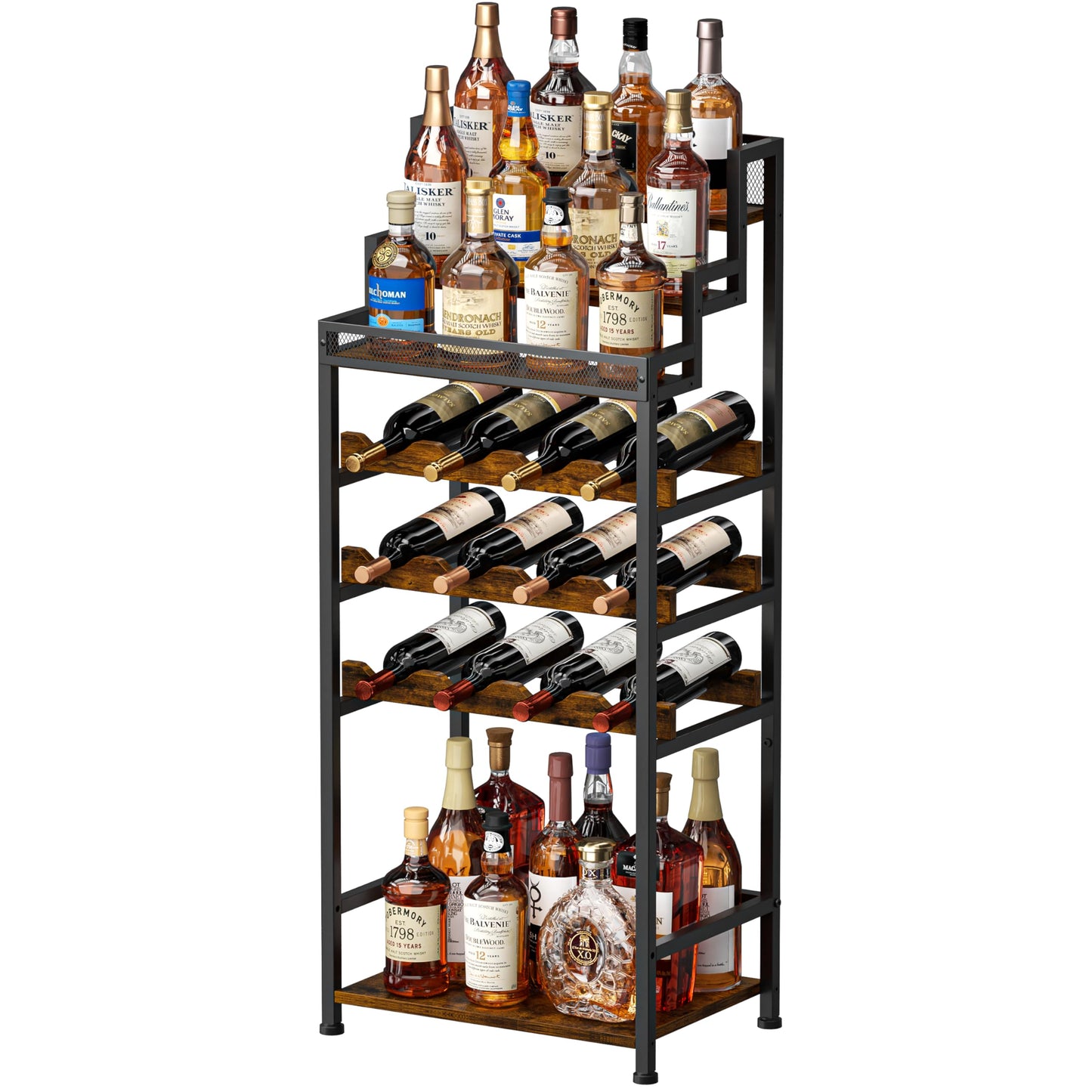 Tiered Wine Rack and Liquor Cabinet, Large Capacity Freestanding Floor Wine Storage Shelf for Red Wine, Champagne & Whiskey, Stepped Bottle Display Stand for Home Bar, Living Room, Corner, Dining Room
