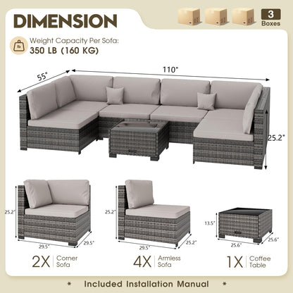 LHBcraft 7 Piece Patio Outdoor Furniture Set, Outdoor Sectional, All-Weather Hand-Woven Wicker Patio Sectional Sofa, Rattan Outside Furniture with Grey Cushion and Glass Coffee Table