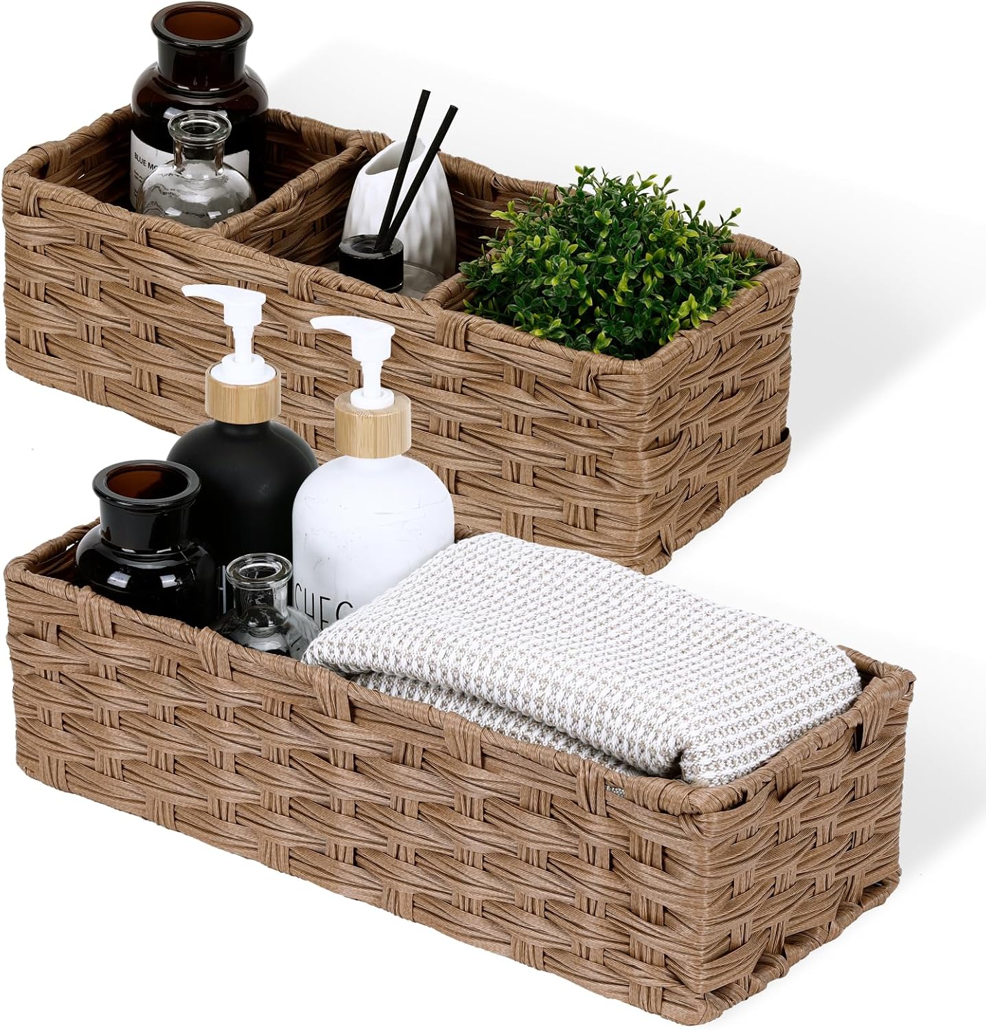 DULLEMELO Small Bathroom Basket, Wicker Toilet Tank Organizer, Set of 2 Waterproof Baskets for Organizing