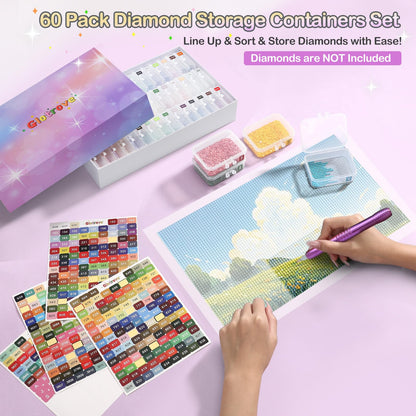 Glotrove Diamond Art Storage Containers Trays, 60pcs Diamond Painting Trays with Lids, 2-in-1 Beads, Gems & Drills Storage and Line-Up Accessories for Diamond Painting