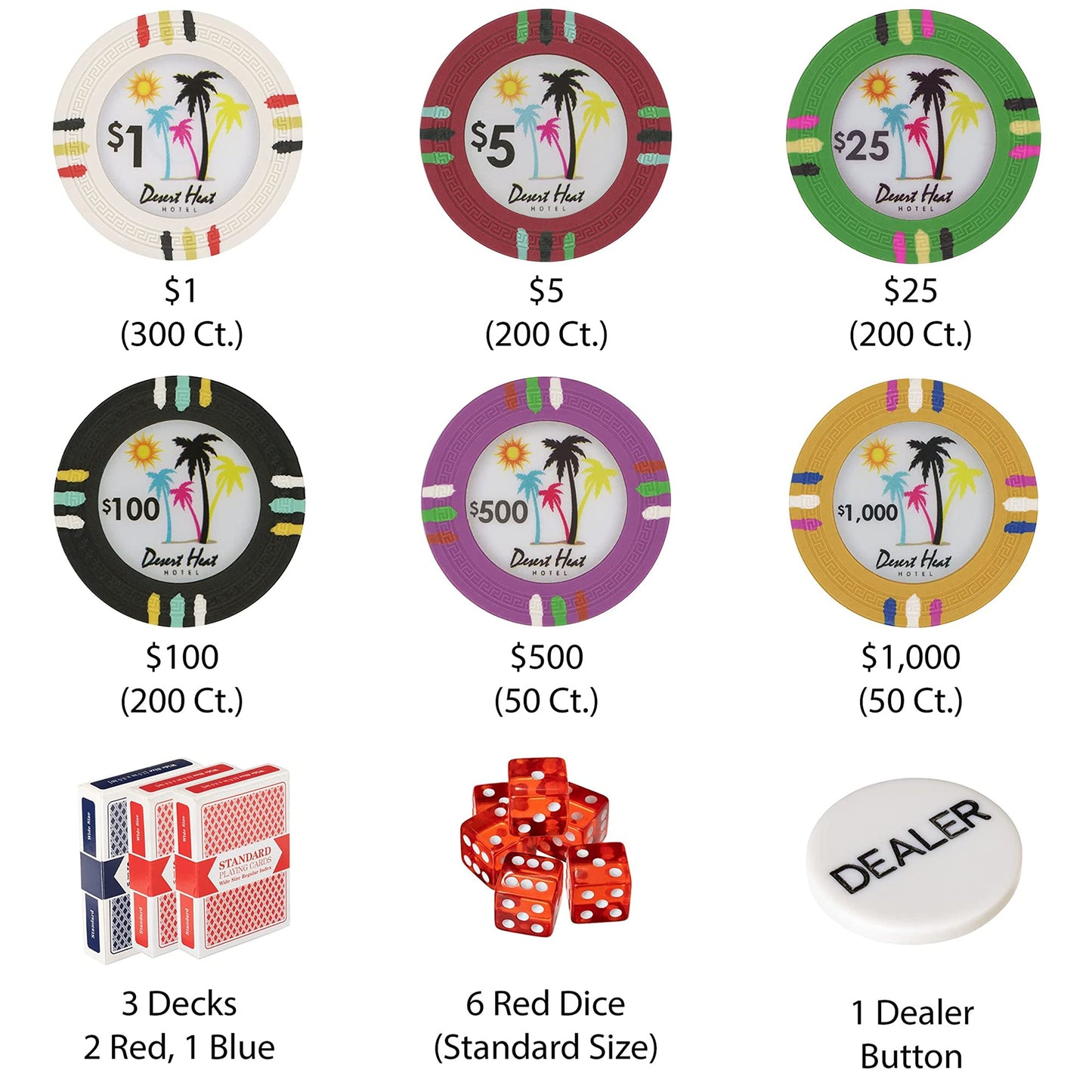 Desert Heat Poker Chips Set - 1000 Heavyweight (13.5-Gram) Clay Composite Chips, Playing Cards, Dice, Dealer Button, & Aluminum Case - Professional Casino Supplies, Kits, Holders, & Storage Container