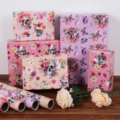 Aimyoo Halloween Wrapping Paper Rolls - 17 Inch x 10 Feet - 4 Rolls - Gothic Skull, Floral Design Perfect for Halloween, Christmas Decorations, Holidays, and Parties