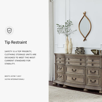 Signature Design by Ashley Ardenfield Traditional Nine-Drawer Dresser with Dovetail Construction, Top Drawers Felt Lined, Metal Hardware, Wood, Light Brown