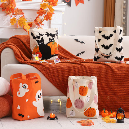 Perseverance Trade Trick or Treat Bag Halloween Candy Tote Bag 13"x13.78" with Embroidered Pumpkins and Black Cats Cute Reusable Canvas Bag for Halloween Party Gift Grocery Shopping
