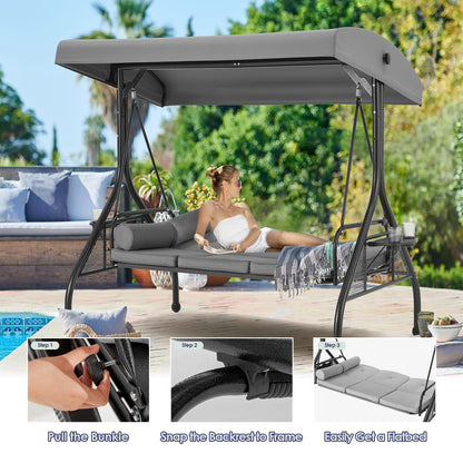 HOMREST 3 Seat Outdoor Porch Swing with 1.5" Deep Cup Holder, Adjustable Canopy,Patio Swing Bed with Stand, Patio Glider Swing with Thicken Cushions, Pillow(Grey)