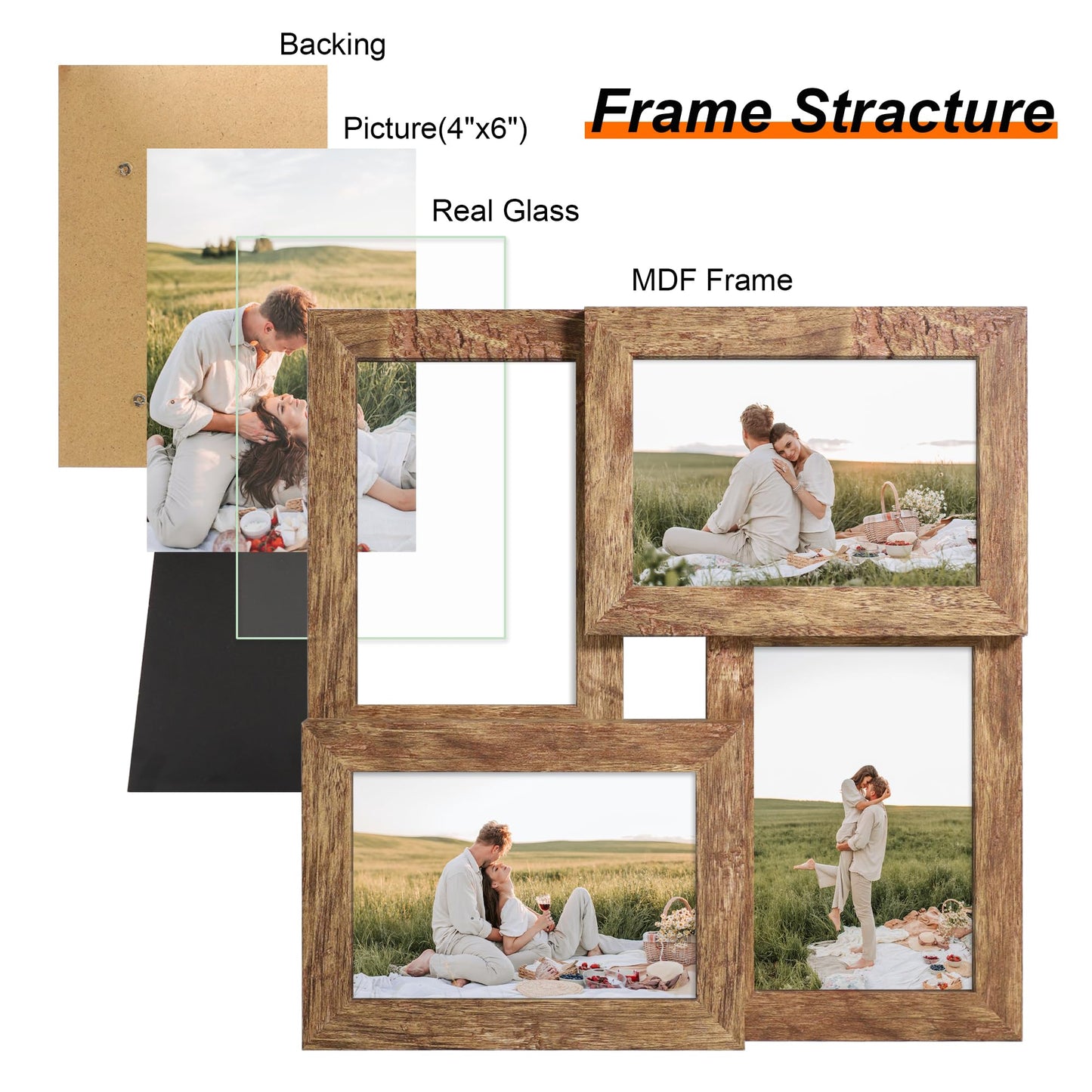 YESKAY 4x6 Collage Picture Frames Set of 1, Multi Family Photo Frame with Real Glass, Displays Four 4x6 Photo, Wall Decor Wall Hanging or Tabletop, Distressed Brown
