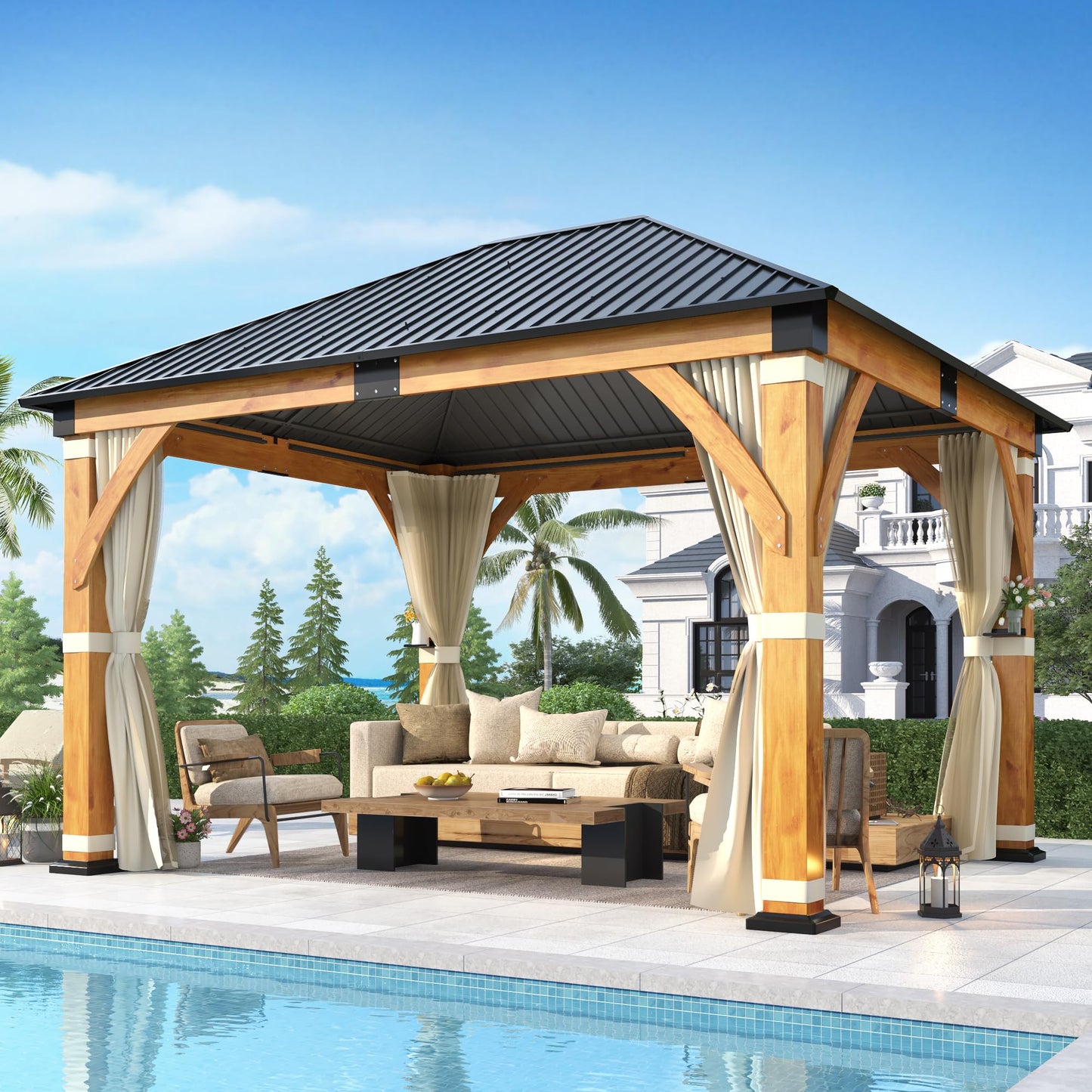 GARTOO 11’x 13’ Outdoor Spruce Wood Gazebo - Patio Hardtop Gazebo Permanent Wooden Pavilion with Privacy Curtains and Netting & 2 Shelves, Steel Roof Wooden Gazebos for Garden, Porch, Lawn, Backyard