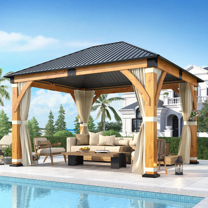 GARTOO 11’x 13’ Outdoor Spruce Wood Gazebo - Patio Hardtop Gazebo Permanent Wooden Pavilion with Privacy Curtains and Netting & 2 Shelves, Steel Roof Wooden Gazebos for Garden, Porch, Lawn, Backyard