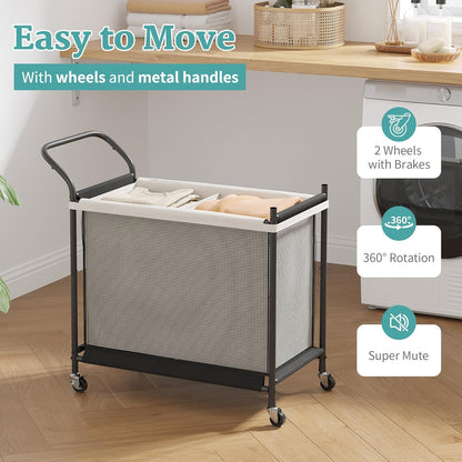 2 120L, Laundry Hamper with Wheels - Section Laundry Basket Removable Washable Bags, Height-Fitted Rolling Laundry Cart