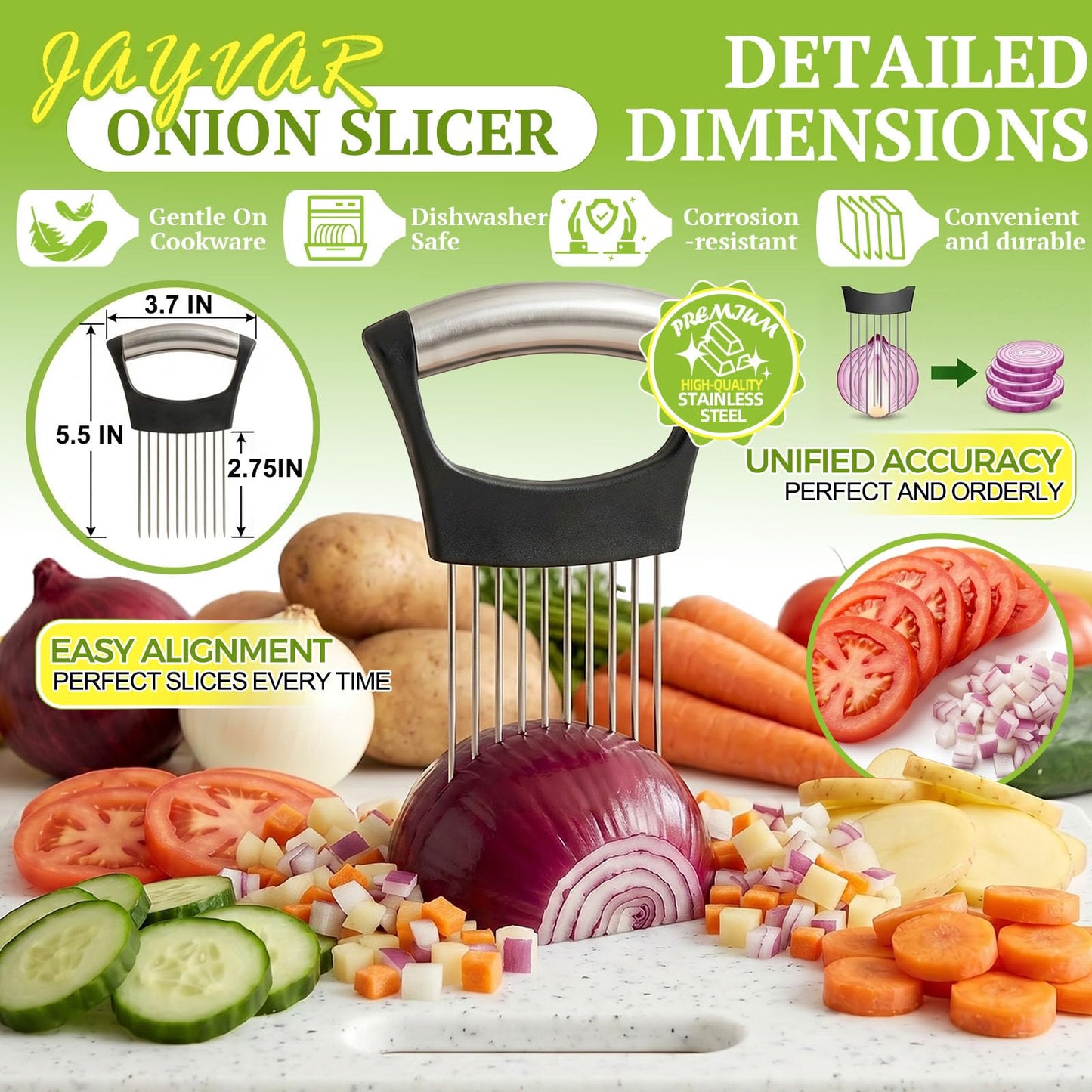 JAYVAR Onion Holder for Slicing, Stainless Steel Onion Slice Holder with 10 Long Needles, Onions Cutter Vegetable Chopper, Onions Chopper Tool, Food Slicing Guide for Neat Slicing,Tomato Potato Cutter