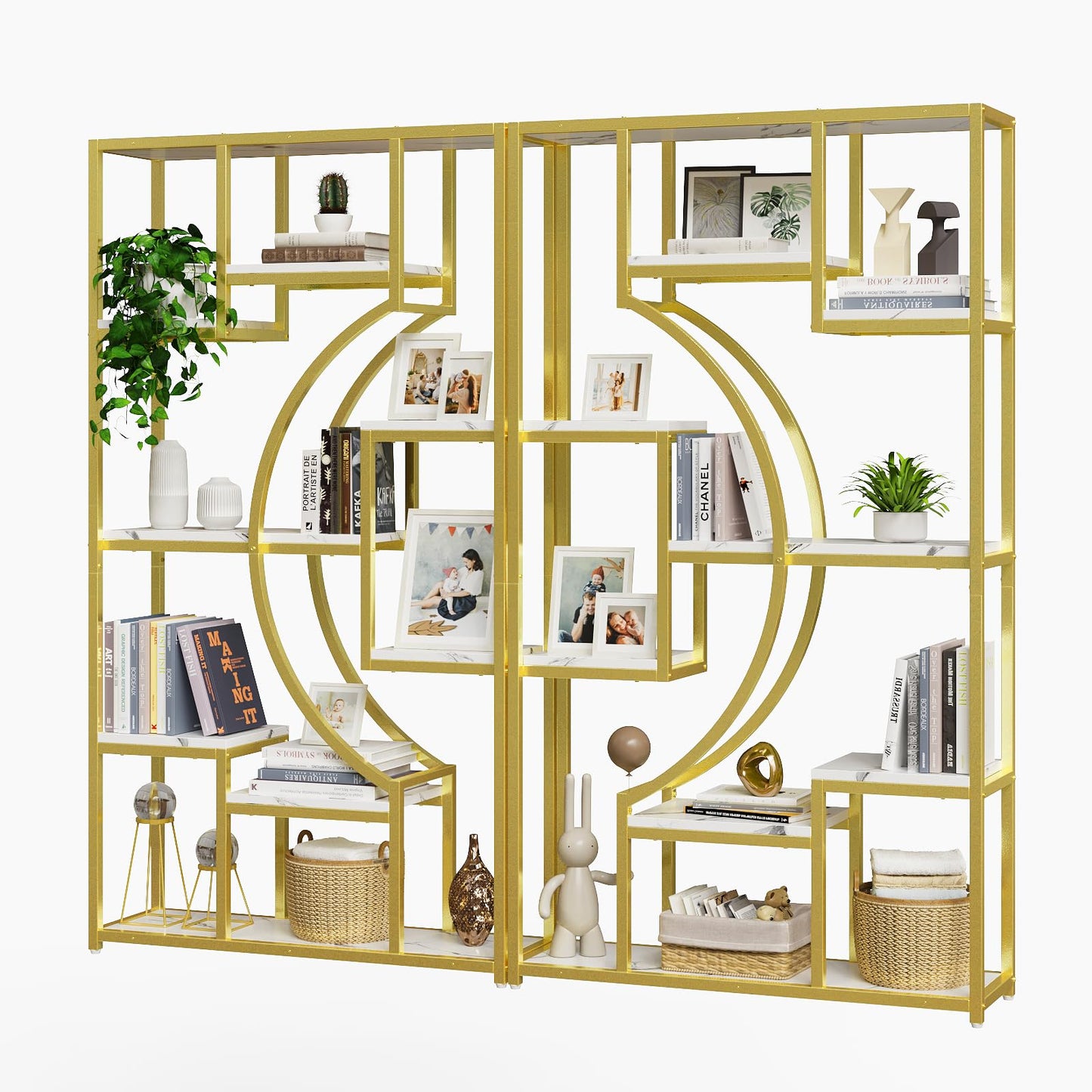 HolliWill Modern Book Shelf, White and Gold Bookshelf, 70.8 Inch Tall Etagere Bookcase, Set of 2 Geometric Display Shelves for Living Room, Bookcases/Bookshelf with Metal Frame for Home Office