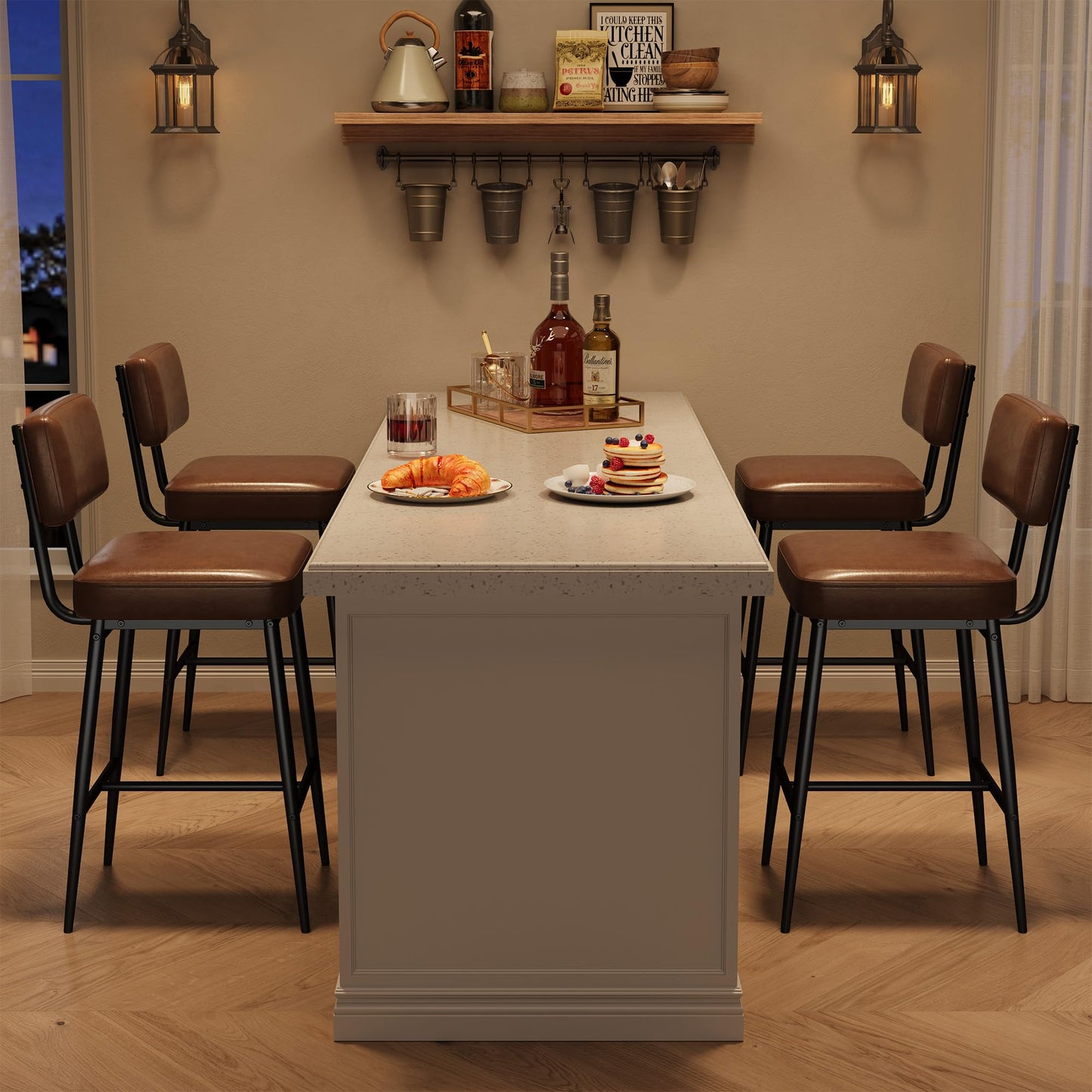 GarveeHome Bar Stools Set of 4, 26" Brown Faux Leather Counter Height Bar Stools with Backs, Modern Upholstered Barstool Chairs with Metal Legs for Kitchen Island, Home Bar, Dining Room
