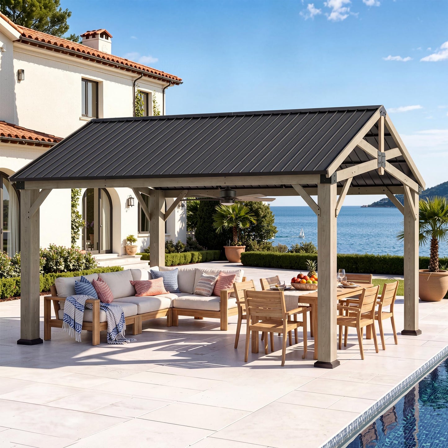 Aoxun 12' x 16' Outdoor Wood Gazebo, Permanent Cedar Wooden Pavilion with Galvanized Steel Hardtop Gable Roof, Heavy Duty Patio Gazebo for Garden, Backyard, Deck, Lawn and Outdoor Living Space