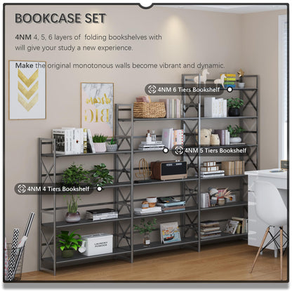 4NM Extra Wide 6 Tiers No Assembly Book Shelves, 61.8" H Folding Bookshelf Bookcase Open Industrial Foldable Shelves for Bedroom, Living Room, Home Office - All Black