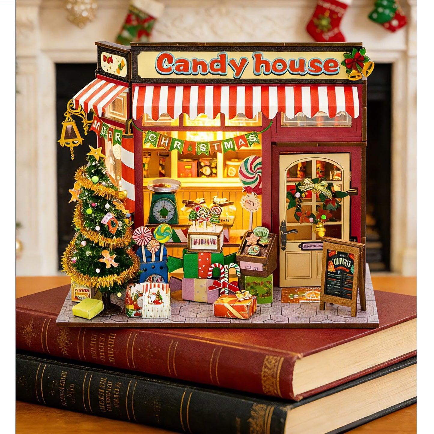 Book Nook Kit, 3D Wooden Puzzles Christmas Candy Shop Miniature House Dollhouse Booknook Mini House Making Kit Bookshelf Decorations Gifts for Family, Friends