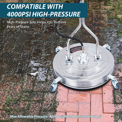 GarveeLife 24 in Pressure Washer Surface Cleaner with Dual Handle, 4 Wheels, 3/8 in Quick Connect, 2 Nozzles, Stainless Steel Power Washer Surface Cleaner for Driveway Sidewalk Patio, 4000 PSI