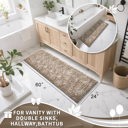 Yimobra Long Bathroom Rugs Runner 60x24 Inch, Extra Thick Soft Absorbent Chenille Bath Mat, Non Slip Machine Washable, Quick Dry Bath Rugs for Bathroom Floor, Tub and Shower, Camel