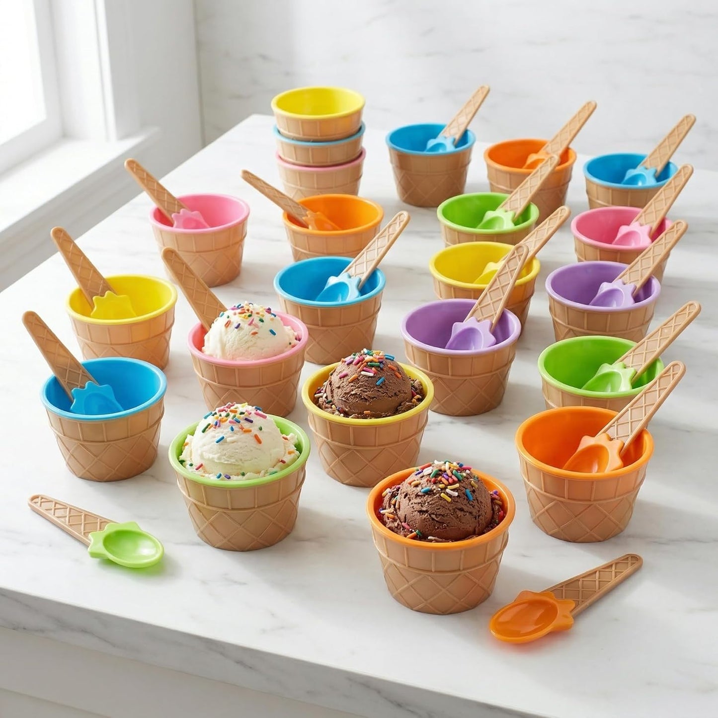24 Pack 6 Set Frozen Summer Lawei Plastic Ice Cream Bowls with Spoons, Reusable Fun Ice Cream Cups Bulks, Cartoon Candy