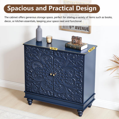 weselon Accent Cabinet Set of 2, Luxury Carving Board Buffet Cabinet with Storage, Storage Sideboard Entryway Table with 2 Doors and Adjustable Shelves (Midnight Blue)