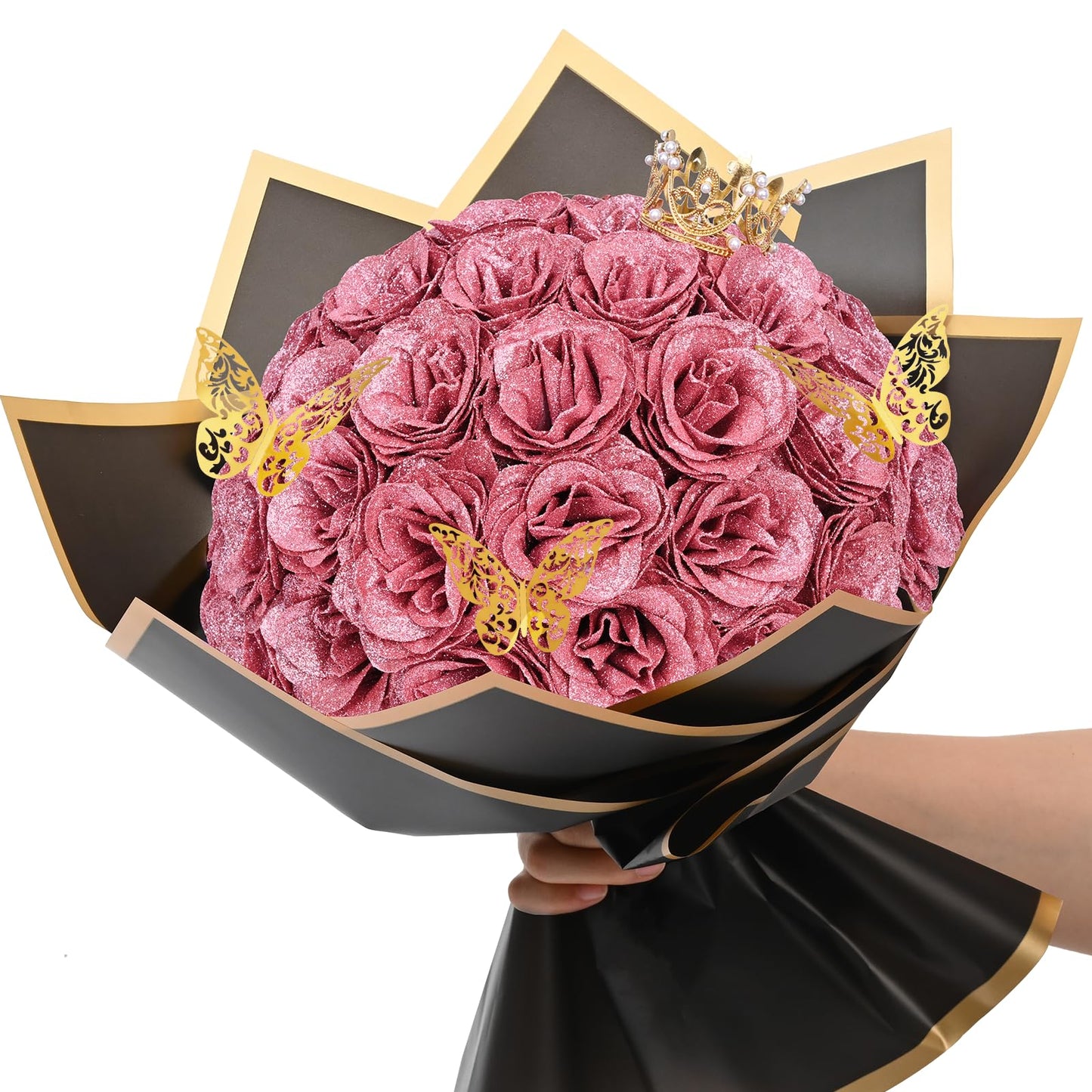 Waipfaru Rose Gold Glitter Roses Bouquet, DIY Flowers Bouquet, Birthday Gifts for Women Mom Grandma Wife Girlfriend, 36 Pcs Fake Rose for Valentines, Mothers Day, Anniversary, Graduation Gifts