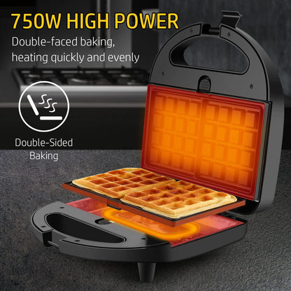 OSTBA 3-in-1 Sandwich Maker with Removable Plates, Panini Press, Waffle Maker, Non-Stick, 750W Compact Breakfast Grill for Sandwiches, Waffles, Steak, Black