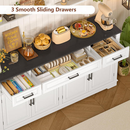 usikey 59” Large Buffet Cabinet with 4 Doors and 3 Drawers, Buffet Sideboard Cabinet with Storage and 2 Adjustable Shelves, Coffee Bar, Wine Bar for Living Room, White